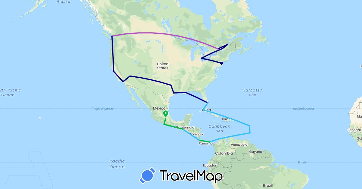 TravelMap itinerary: driving, bus, train, boat in Canada, Colombia, Costa Rica, Cuba, Guadeloupe, Guatemala, Mexico, Panama, United States, Saint Vincent and the Grenadines (North America, South America)