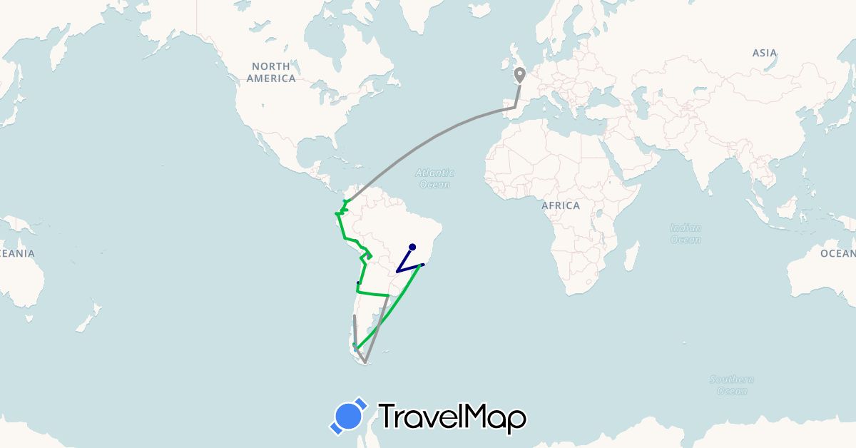 TravelMap itinerary: driving, bus, plane, train, hiking, boat in Argentina, Bolivia, Brazil, Chile, Colombia, Ecuador, Spain, France, Peru (Europe, South America)